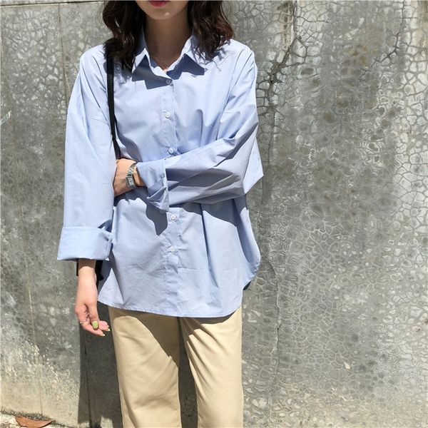корейский шик осень нового 2019style сплошного цвета свободного похудение рубашка все-матч однобортного отворот длинного рукава рубашки, White
корейский шик осень нового 2019style сплошного цвета свободного похудение рубашка все-матч однобортного отворот длинного рукава рубашки, White