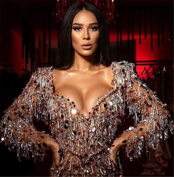 side slit v neckline rich red carpet party dresses sequins tassels evening dress fancyprom gowns long sleeves, Black;red
side slit v neckline rich red carpet party dresses sequins tassels evening dress fancyprom gowns long sleeves, Black;red