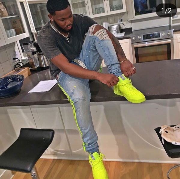 designer jeans men men's neon yellow color lines patchwork ripped jeans holes denim stretch pants, Blue
designer jeans men men's neon yellow color lines patchwork ripped jeans holes denim stretch pants, Blue