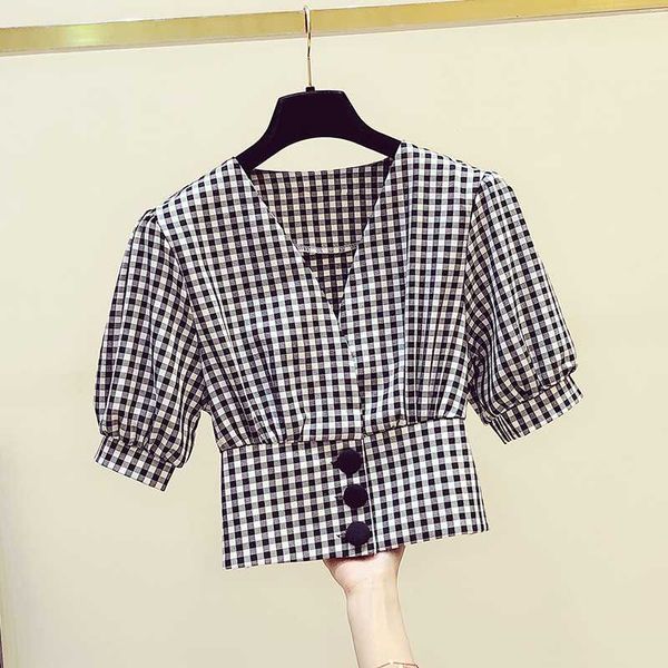 women v neck plaid short sleeves high waist shirt 2020 summer womens casual blouse ladies shirts blusas a3366, White
women v neck plaid short sleeves high waist shirt 2020 summer womens casual blouse ladies shirts blusas a3366, White