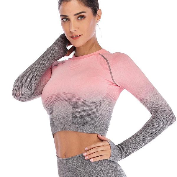 new gradient seamless yoga shirt long-sleeved women's navel sports fashion quick-drying fitness clothes, White;red
new gradient seamless yoga shirt long-sleeved women's navel sports fashion quick-drying fitness clothes, White;red