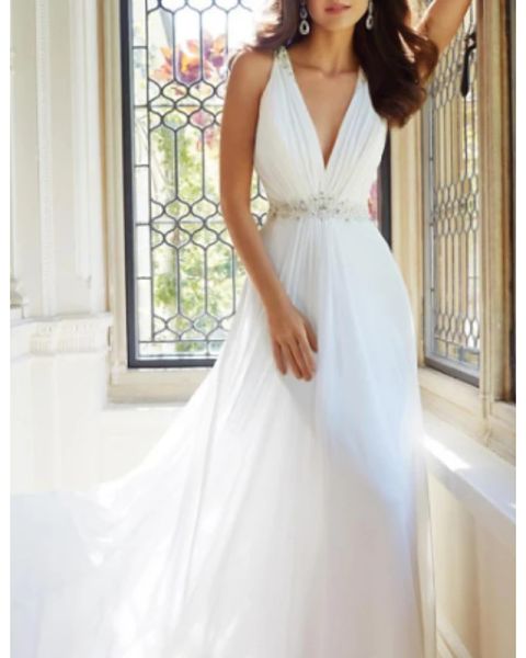 a-line wedding dresses v neck sweep / brush train chiffon sleeveless simple with ruched beading, White
a-line wedding dresses v neck sweep / brush train chiffon sleeveless simple with ruched beading, White