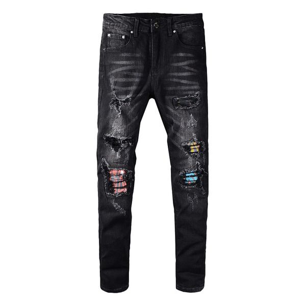 men's pleated patchwork ripped black biker jeans trendy streetwear holes stretch denim pants, Blue
men's pleated patchwork ripped black biker jeans trendy streetwear holes stretch denim pants, Blue
