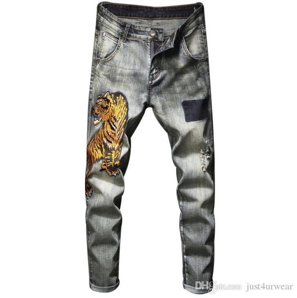 mens tiger patches embroidered badge ripped skinny jeans vintage washed stretch denim jeans slim hip hop trousers, Blue
mens tiger patches embroidered badge ripped skinny jeans vintage washed stretch denim jeans slim hip hop trousers, Blue