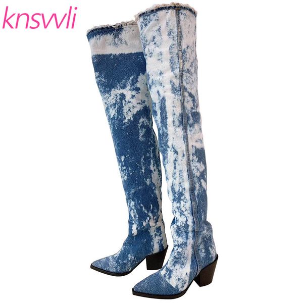 denim splash ink western cowboy boots women runway pointed toe over the knee boots chunky high heels thigh high women, Black
denim splash ink western cowboy boots women runway pointed toe over the knee boots chunky high heels thigh high women, Black