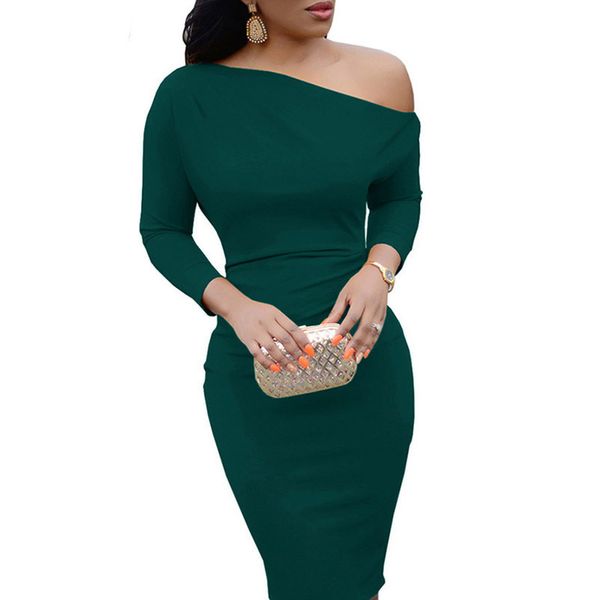 women dress female autumn spring long sleeve knee length red black pencil dress bodycon one shoulder party dress vestido, Black;gray