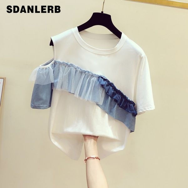 women's t-shirt 2021 summer korean-style sweet loose stitching denim mesh ruffle short sleeve round collar t shirt femme, White
women's t-shirt 2021 summer korean-style sweet loose stitching denim mesh ruffle short sleeve round collar t shirt femme, White