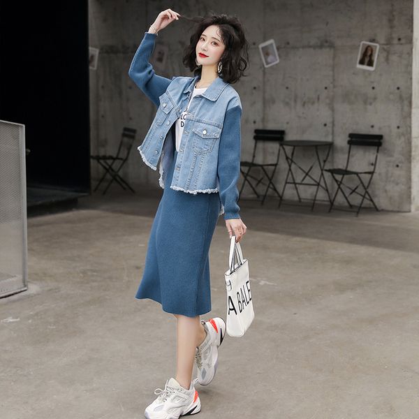 2020 autumn new women 2 piece outfits knitted sleeve splice denim jacket knit skirt set loose korean tassel jean coat spring, White
2020 autumn new women 2 piece outfits knitted sleeve splice denim jacket knit skirt set loose korean tassel jean coat spring, White