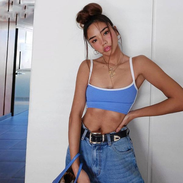 new arrival blue crop camisole striped patchwork short party club female girls spring casual tees, White
new arrival blue crop camisole striped patchwork short party club female girls spring casual tees, White