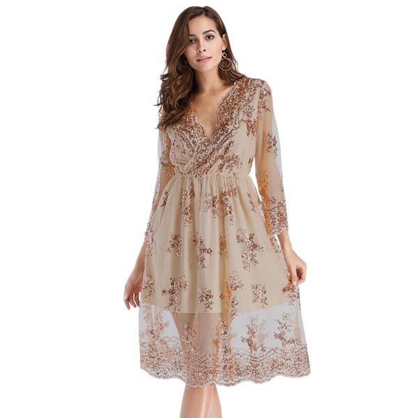 sequin dress women elegant evening party dresses mesh v neck embroidery elastic waist midi dress, White
sequin dress women elegant evening party dresses mesh v neck embroidery elastic waist midi dress, White