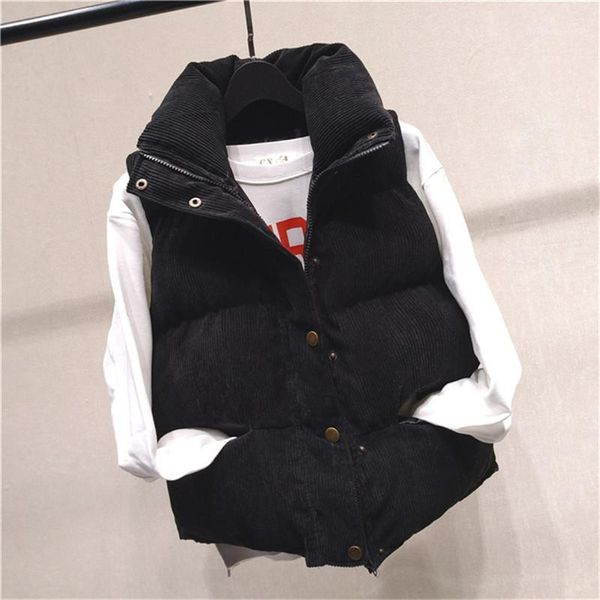 cotton vest stand collar sleeveless womens outerwear ladies button coats with zipper and pockets 20fw womens, Black;white 
cotton vest stand collar sleeveless womens outerwear ladies button coats with zipper and pockets 20fw womens, Black;white