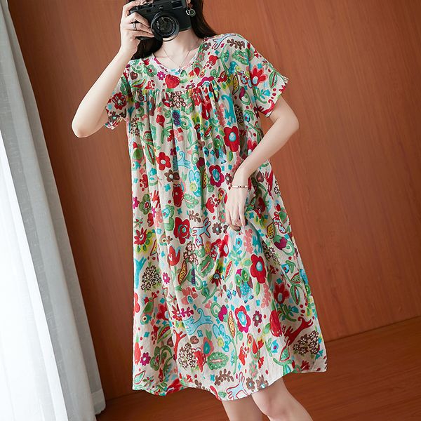 summer irregular maternity dress short sleeve o-neck fashion printing pregnant women cotton and linen dress loose floral, White 
summer irregular maternity dress short sleeve o-neck fashion printing pregnant women cotton and linen dress loose floral, White