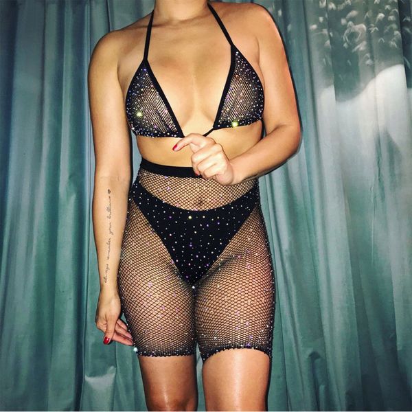 women rhinestone mesh transparent bikini set halter bras fishnet high waist shorts babydoll underwear, White;black
women rhinestone mesh transparent bikini set halter bras fishnet high waist shorts babydoll underwear, White;black