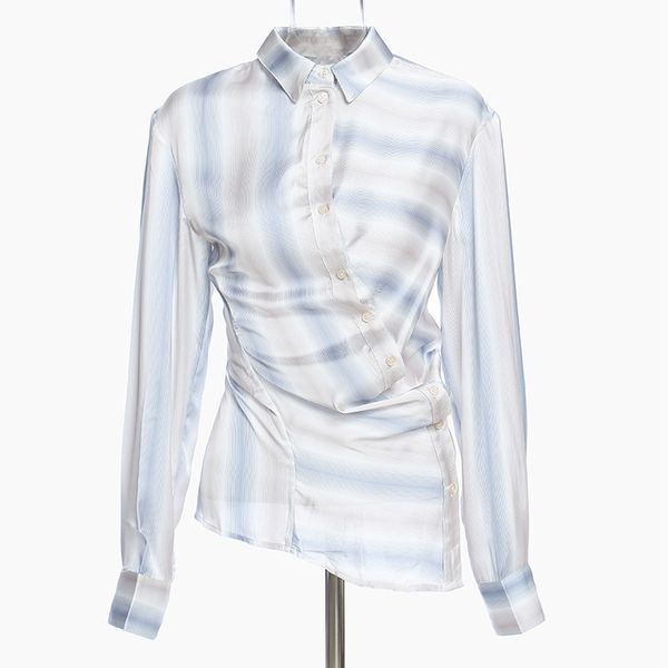 women stripe gradient blouse asymmetrical long sleeve tunic casual wrap shirt, White
women stripe gradient blouse asymmetrical long sleeve tunic casual wrap shirt, White