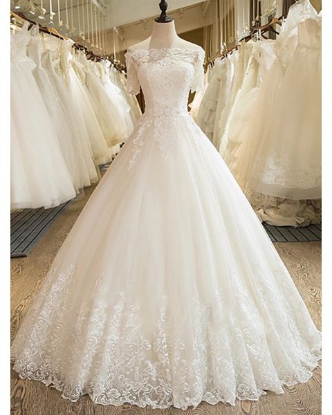 a-line wedding dresses off shoulder court train lace tulle short sleeve wedding dress in color with appliques, White
a-line wedding dresses off shoulder court train lace tulle short sleeve wedding dress in color with appliques, White