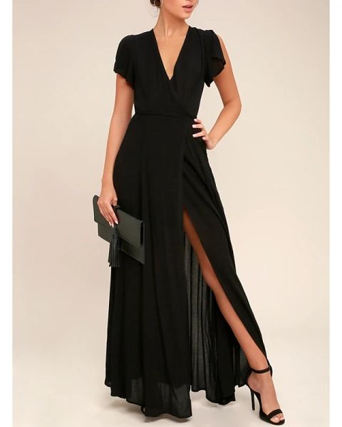 a-line black engagement formal evening dress v neck short sleeve ankle length chiffon with pleats split, Black;red
a-line black engagement formal evening dress v neck short sleeve ankle length chiffon with pleats split, Black;red