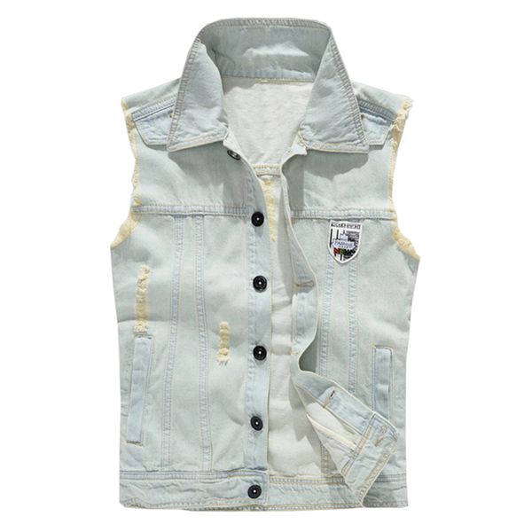men's vests vintage retro light blue ripped fringe denim vest casual badge holes waistcoat tank top, Black;white
men's vests vintage retro light blue ripped fringe denim vest casual badge holes waistcoat tank top, Black;white