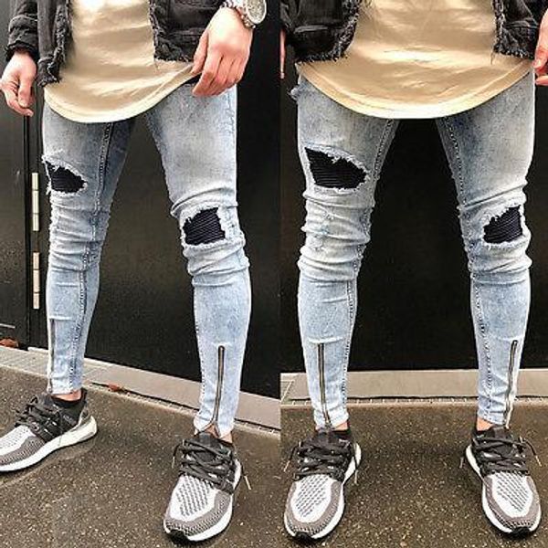 mens fashion ripped skinny biker jeans destroyed frayed slim skinny fit pants zipper ankle length pencil jeans, Blue
mens fashion ripped skinny biker jeans destroyed frayed slim skinny fit pants zipper ankle length pencil jeans, Blue