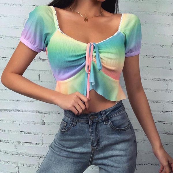 tie dye crop women lace up t-shirt square collar cropped stretch slim bandage summer casual ruffle tee yoga shirt wor, White;red
tie dye crop women lace up t-shirt square collar cropped stretch slim bandage summer casual ruffle tee yoga shirt wor, White;red