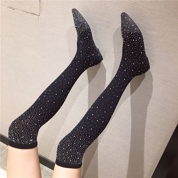 women's rubber boots fashion womens shoes 2020 flat heel boots-women crystal thigh high heels high winter, Black