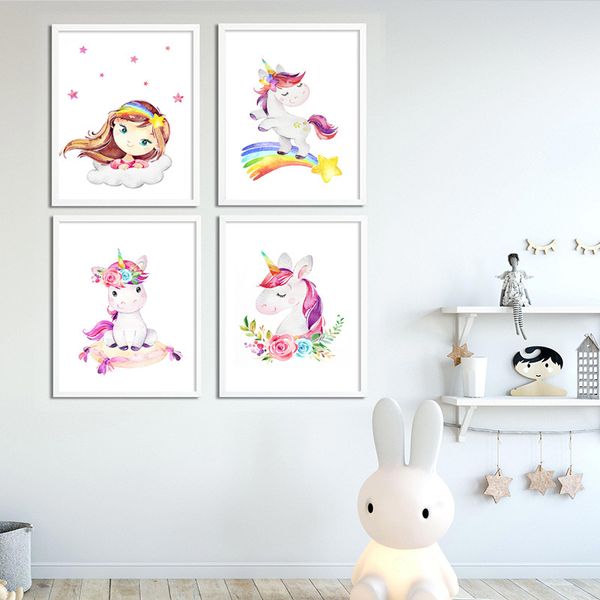 

rainbow unicorn girl room colorful wall art canvas poster nursery cartoon print painting nordic kids decoration pictures decor