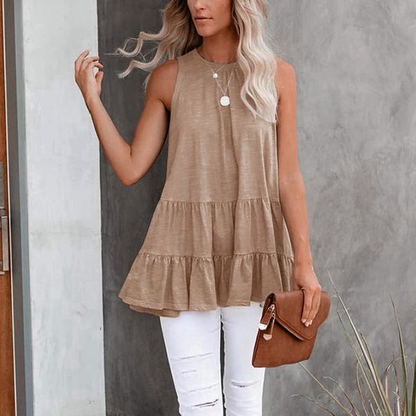 women sleeveless loose t-shirts solid color pleated o-neck female pullover khaki size, White
women sleeveless loose t-shirts solid color pleated o-neck female pullover khaki size, White