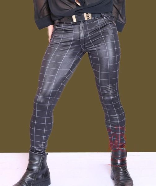 men pants high elastic lycra plaid print check leggings slim casual, Blue 
men pants high elastic lycra plaid print check leggings slim casual, Blue