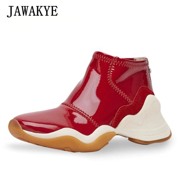 jawakye black white red patent leather high sneakers women flat platform runway trainers shoes for women