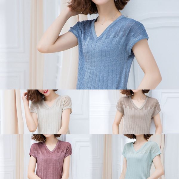 mom summer v-neck t- short-sleeved t-shirt women's summer new women's short shirt loose ice silk knitted blouse, White
mom summer v-neck t- short-sleeved t-shirt women's summer new women's short shirt loose ice silk knitted blouse, White