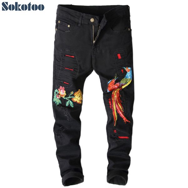 sokotoo men's fashion black phoenix flower embroidery jeans hole ripped slim skinny denim pants, Blue
sokotoo men's fashion black phoenix flower embroidery jeans hole ripped slim skinny denim pants, Blue