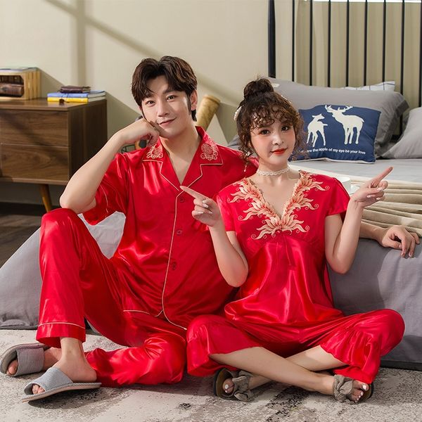 new couple simulation spring and summer men's and women's short sleeve simulation silk pajamas set embroidered knot pajamas, Black;brown
new couple simulation spring and summer men's and women's short sleeve simulation silk pajamas set embroidered knot pajamas, Black;brown