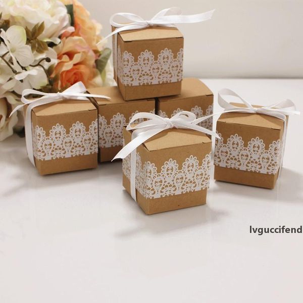 10pcs lace bow candy dragee box flower kraft paper with ribbons birthday wedding gift box mini single cake dragee packaging