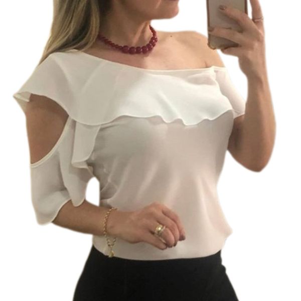 fashion female summer office ladies cozy t-shirt off shoulder ruffle sleeve slim lotus leaf tunic pullover top, White