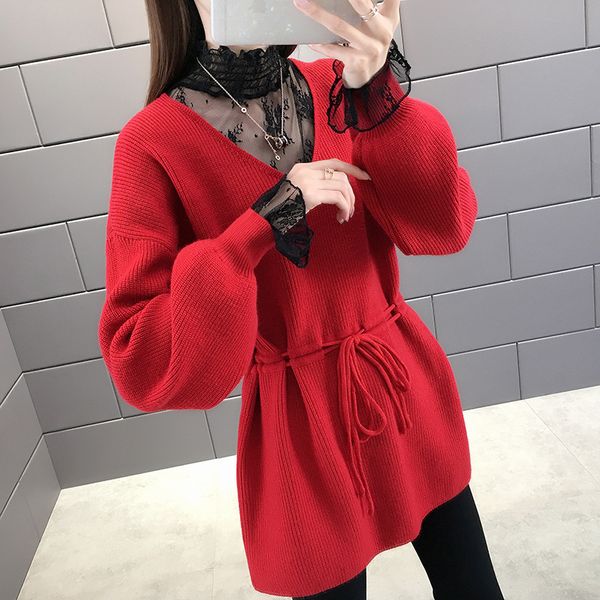 2020 new autumn winter korean style lace v-neck women sweaters drawstring waist mid-long fashion female knitted outerwear, White;black
2020 new autumn winter korean style lace v-neck women sweaters drawstring waist mid-long fashion female knitted outerwear, White;black