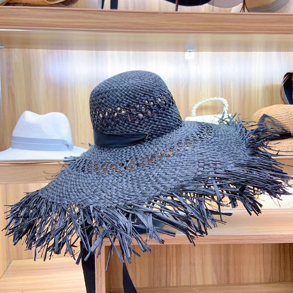 big brim raffia sun hat hollow out ribbon summer beach hat elegant floppy fedora straw hat uv protection fringed sun derby cap y200619, Blue;gray
big brim raffia sun hat hollow out ribbon summer beach hat elegant floppy fedora straw hat uv protection fringed sun derby cap y200619, Blue;gray