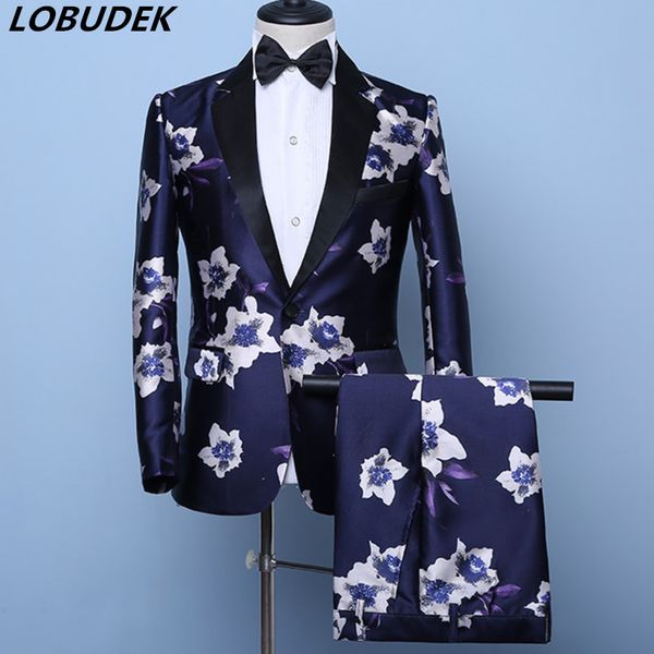new arrival men's 2 pieces slim fit suit blue floral pattern print suits stage singer host wedding banquet groom tuxedo costume, White;black 
new arrival men's 2 pieces slim fit suit blue floral pattern print suits stage singer host wedding banquet groom tuxedo costume, White;black