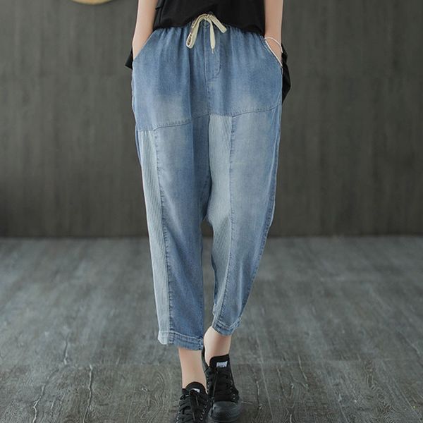 johnature loose leisure patchwork striped pocket elastic waist drawstring harem pants 2020 summer new women ankle-length pants, Blue
johnature loose leisure patchwork striped pocket elastic waist drawstring harem pants 2020 summer new women ankle-length pants, Blue