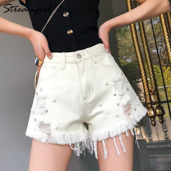 women's shorts streamgirl white ripped denim women pearl beads jeans short high waist khaki fringe with pearls summer, White;black
women's shorts streamgirl white ripped denim women pearl beads jeans short high waist khaki fringe with pearls summer, White;black