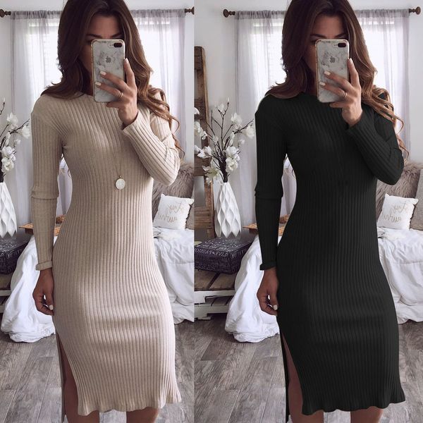 2019 fashion solid kintted knee-length dress casual long sleeve o neck side split womens autumn winter slim dress vestidos
2019 fashion solid kintted knee-length dress casual long sleeve o neck side split womens autumn winter slim dress vestidos