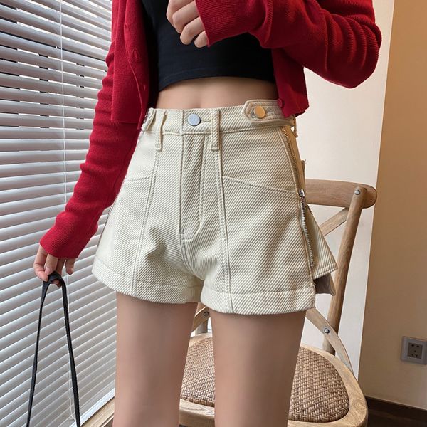 women's jeans denim shorts simple waist hugging zipper split apricot pants, Blue 
women's jeans denim shorts simple waist hugging zipper split apricot pants, Blue