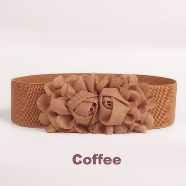 wide belt 2020 double flower design for women dress elastic stretch waist belt wide stretch waistbands new fashion red pink band, Black;brown