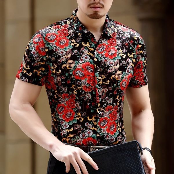 red new 2020 summershort sleeve slim fit rose print velvet shirt club chemise homme camicia uomo transparent shirt men, White;black
red new 2020 summershort sleeve slim fit rose print velvet shirt club chemise homme camicia uomo transparent shirt men, White;black