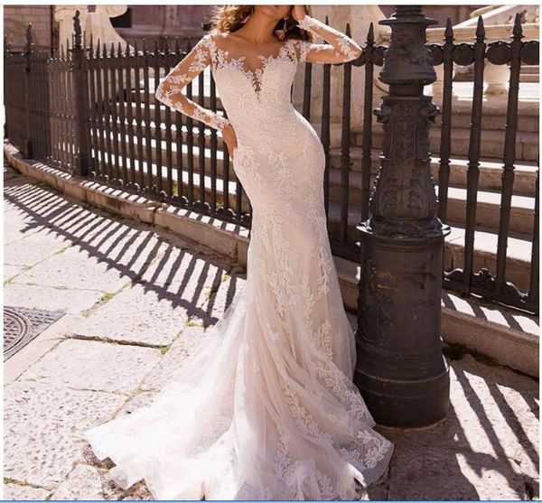 overskirts wedding dresses vestidos de noiva mermaid sheer jewel neck long sleeve lace wedding dress appliques tulle bridal gowns, White
overskirts wedding dresses vestidos de noiva mermaid sheer jewel neck long sleeve lace wedding dress appliques tulle bridal gowns, White