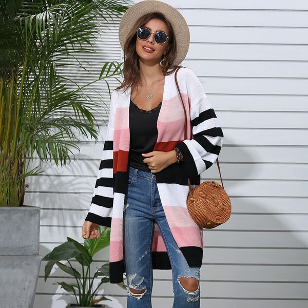 2020 autumn and winter new foreign trade womens european and american casual knitted cardigan long striped stitching contrasting color sweat, White;black
2020 autumn and winter new foreign trade womens european and american casual knitted cardigan long striped stitching contrasting color sweat, White;black