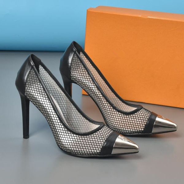 iron toe mesh leather patchwork high heels women pumps pointy toe ladies party shoes, Black