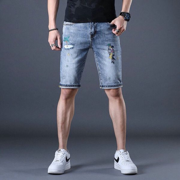 men skinny jeans short ripped holes pants biker denim pants fashion hip hop famous printing pants cool guy rock revival jeans short, Blue
