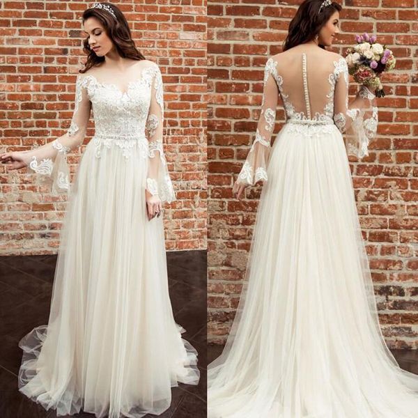 long flare sleeves wedding dresses sheer bacj appliqued lace soft tulle floor length 2021 spring bridal gowns vestidos de noiva, White
long flare sleeves wedding dresses sheer bacj appliqued lace soft tulle floor length 2021 spring bridal gowns vestidos de noiva, White
