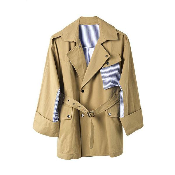 women's trench coats women coat bandage stripe khaki irregular color matching vintage long 2021 fashion p603, Tan;black
women's trench coats women coat bandage stripe khaki irregular color matching vintage long 2021 fashion p603, Tan;black