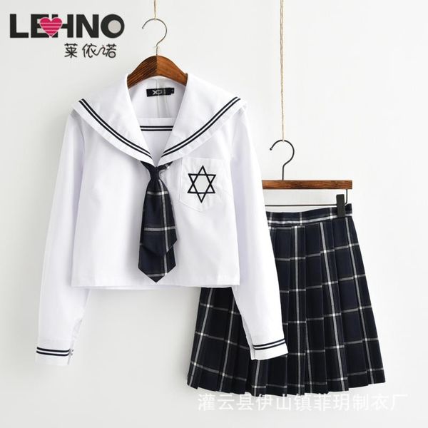 japanese jk school girl uniform hexagonal star sailor suit with long sleeves, White