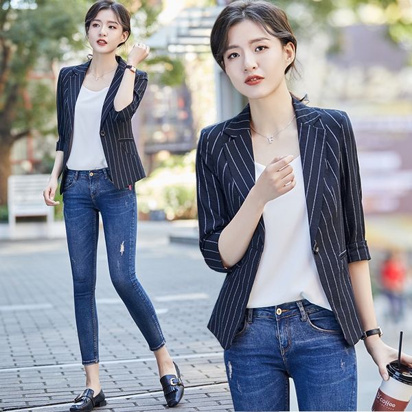 small suit for women korean style short 2019 new summer fashion medium sleeve striped thin casual jacket jacket suit top, White;black
small suit for women korean style short 2019 new summer fashion medium sleeve striped thin casual jacket jacket suit top, White;black